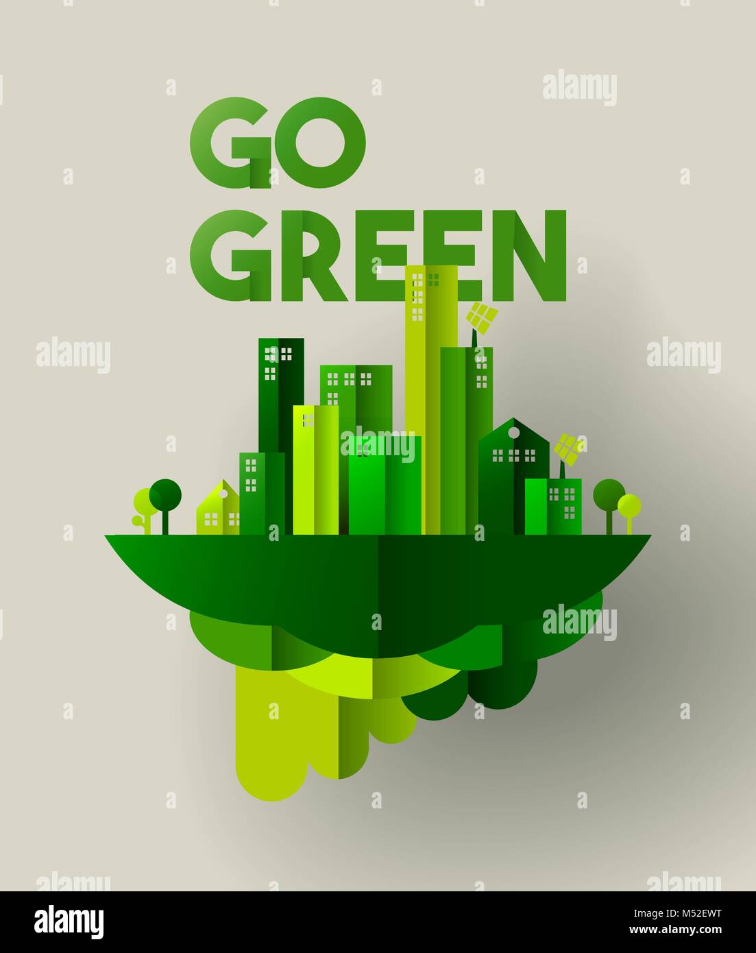 Eco friendly city concept illustration for sustainable urban lifestyle. Go green typography quote with houses and towers in paper cut style. EPS10 vec Stock Vector