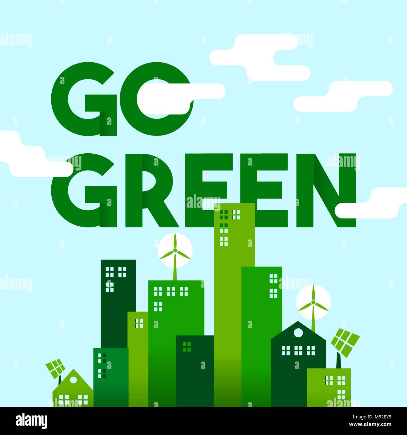 Eco friendly city concept illustration for sustainable environment. Go green typography quote with houses and towers in flat art style. EPS10 vector. Stock Vector