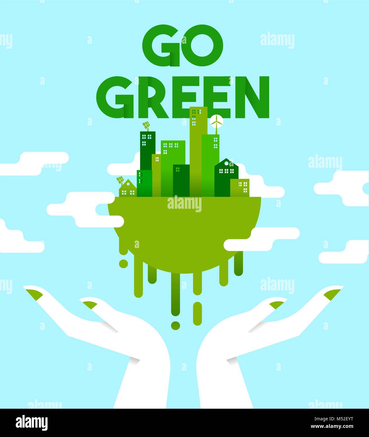 Go green concept illustration, human hands holding planet earth with houses and towers in flat art style for environmental care. EPS10 vector. Stock Vector