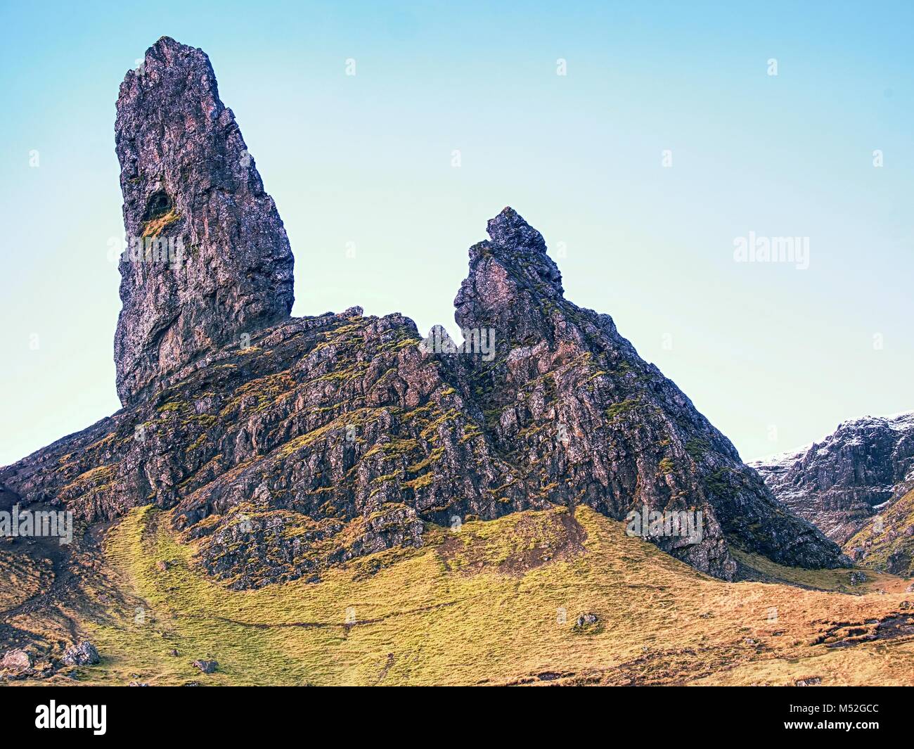 Close v side iew to Old Man of Storr, Isle of Skye ,Scotland. Cold winter morning with clear sky Stock Photo