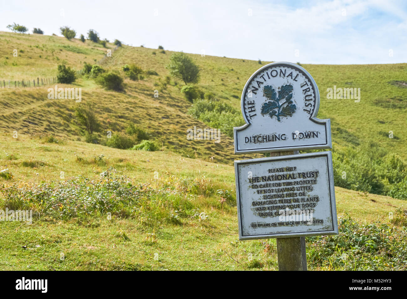 The National Trust sign at the Ditchling Beacon, The South Downs National Park, East Sussex England United Kingdom UK Stock Photo