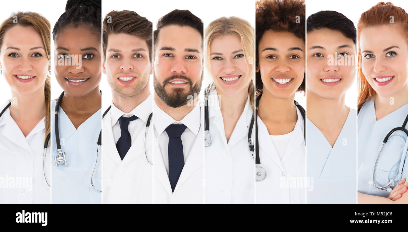 Collage Of Young Doctors With Stethoscopes On White Stock Photo