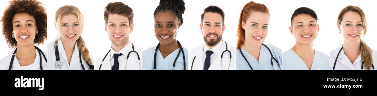 Collage Of Happy Doctors With Stethoscopes In A Row Stock Photo