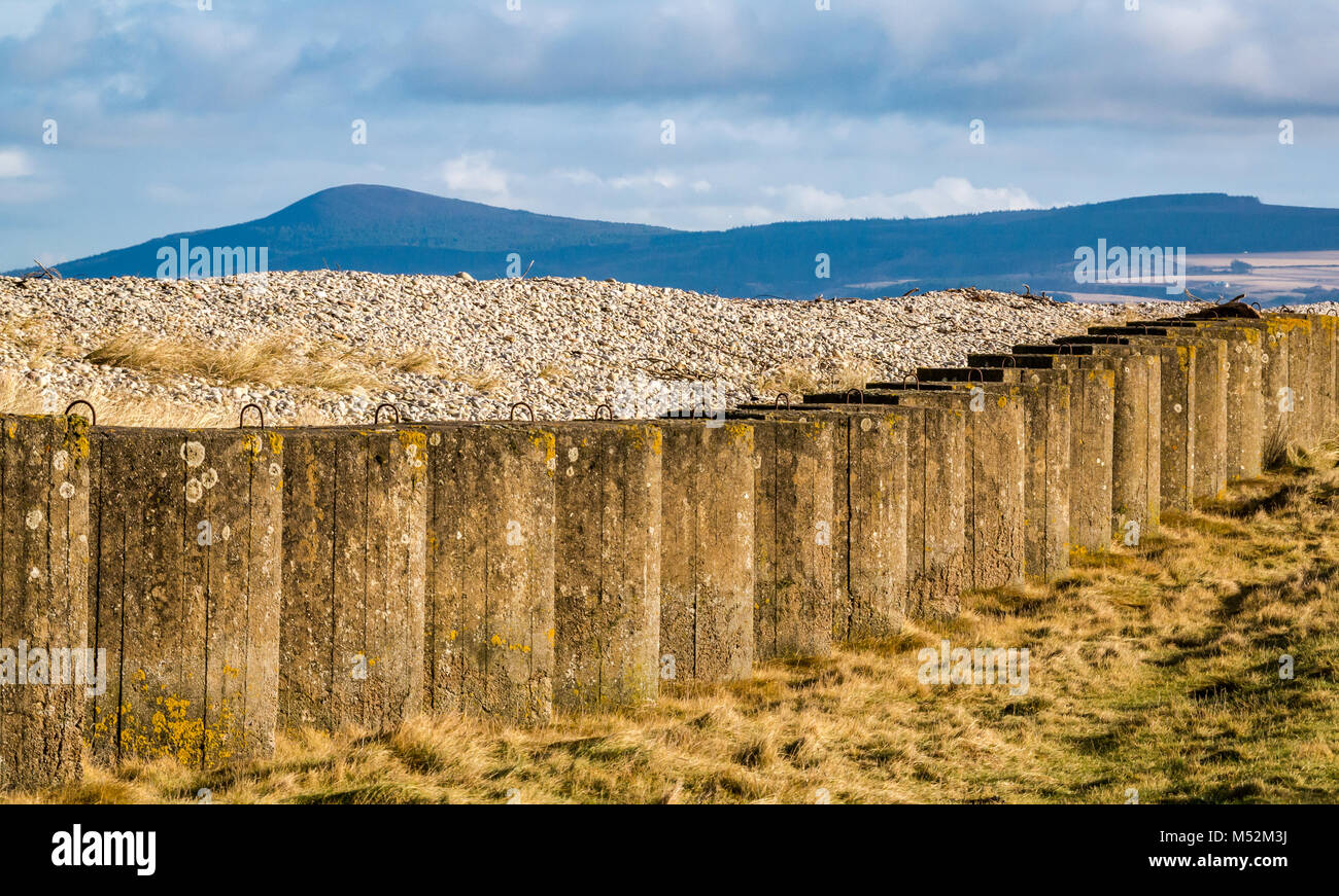 World War II defence line of anti tank concrete blocks on shingle beach, Spey Bay, Moray, Scotland, UK Stock Photo