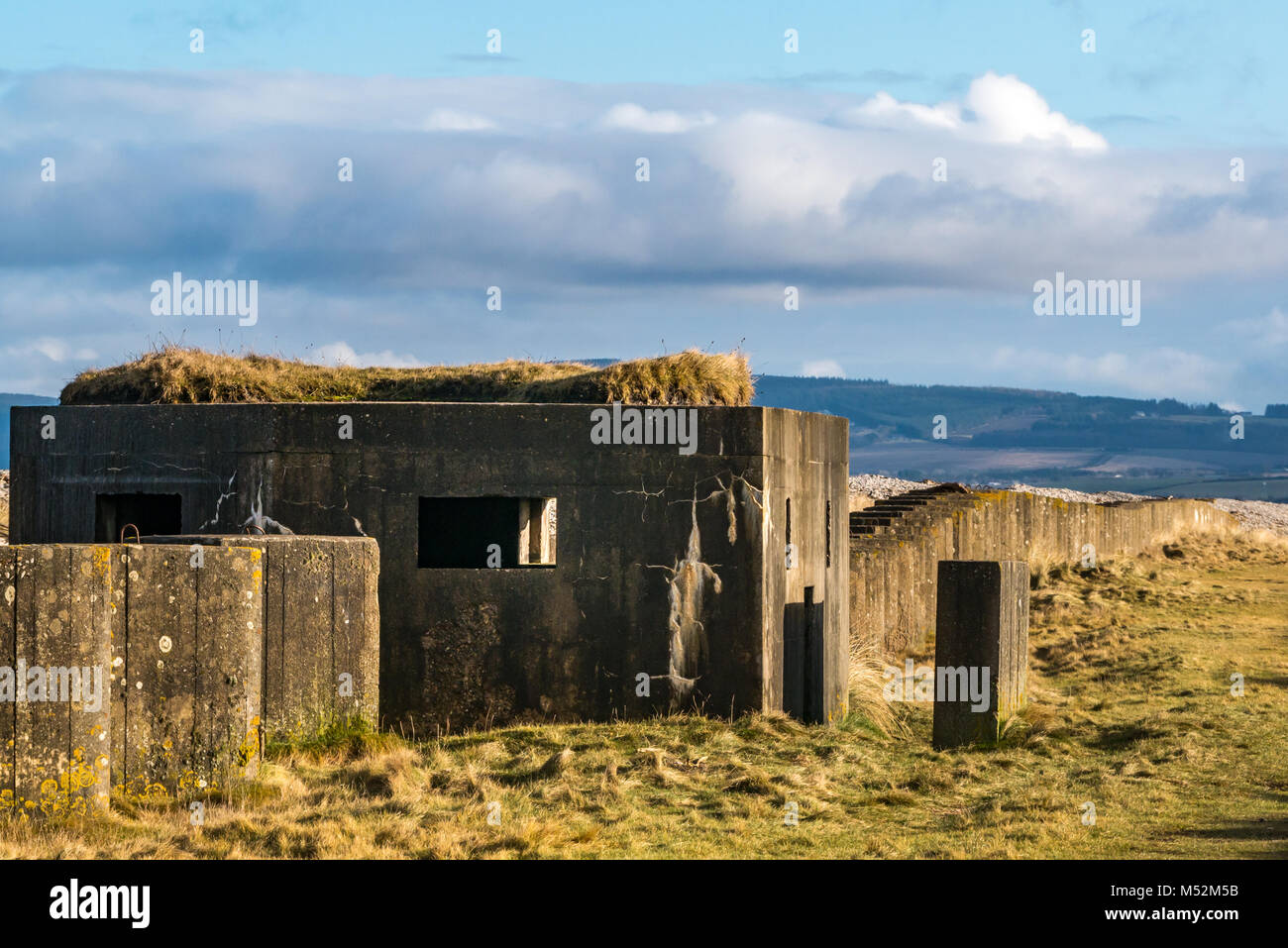 World War II defences, line of anti tank concrete blocks on beach in dunes, Spey Bay, Moray, Scotland, UK Stock Photo