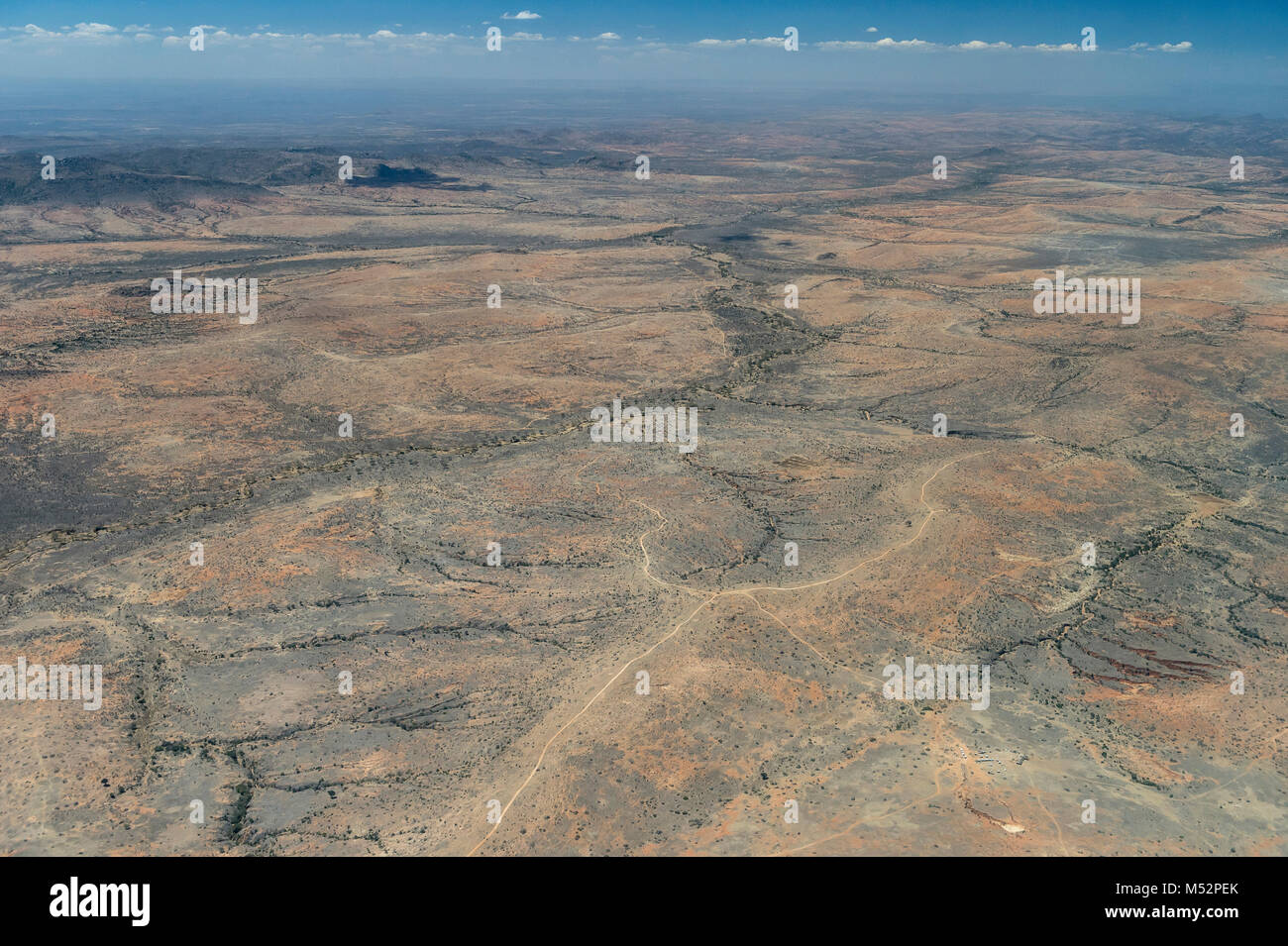 An aerial view of the arid dry country in northern Kenya, north of Laikipia and Mt Kenya. Stock Photo