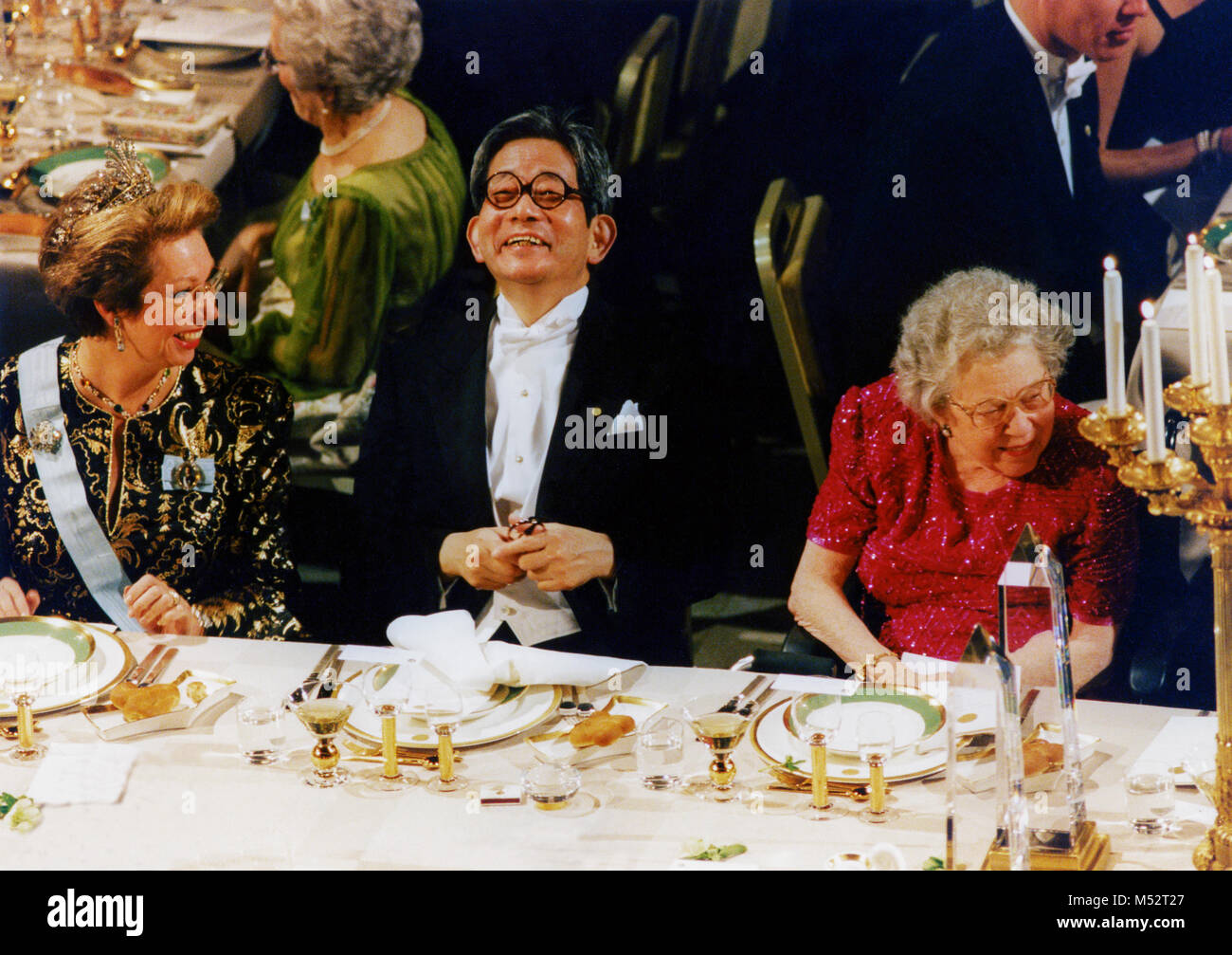 KENZABURO OE Japanese author Nobel laureates in literature 1994 with Swedish princess Christina at the table at Nobel banquete Stock Photo