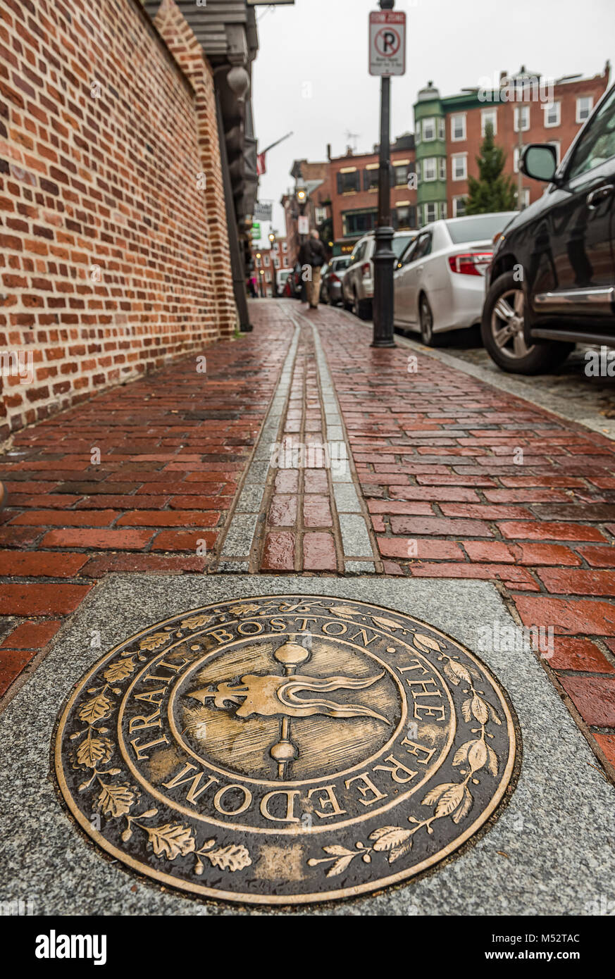 The Freedom Trail is a 2.5-mile-long path through downtown Boston, Massachusetts, that passes by 16 locations significant US history. Stock Photo