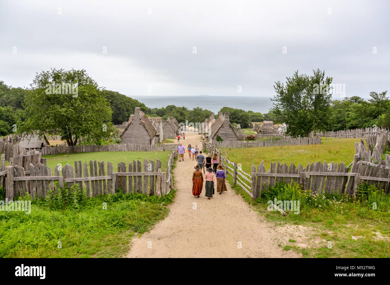Aerial view of Plimoth Plantation, a living history open-air museum, Plymouth, Massachusetts, New England, USA Stock Photo