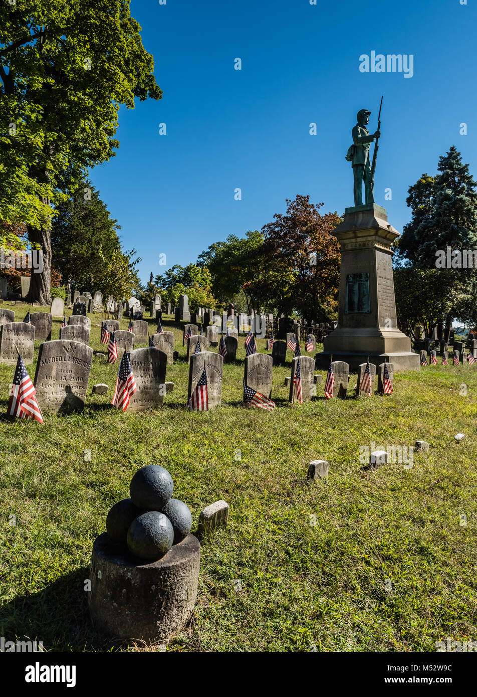 Sleepy Hollow Cemetery in Sleepy Hollow, New York, is the cemetery of numerous famous figures, including Washington Irving, whose story 'The Legend of Stock Photo