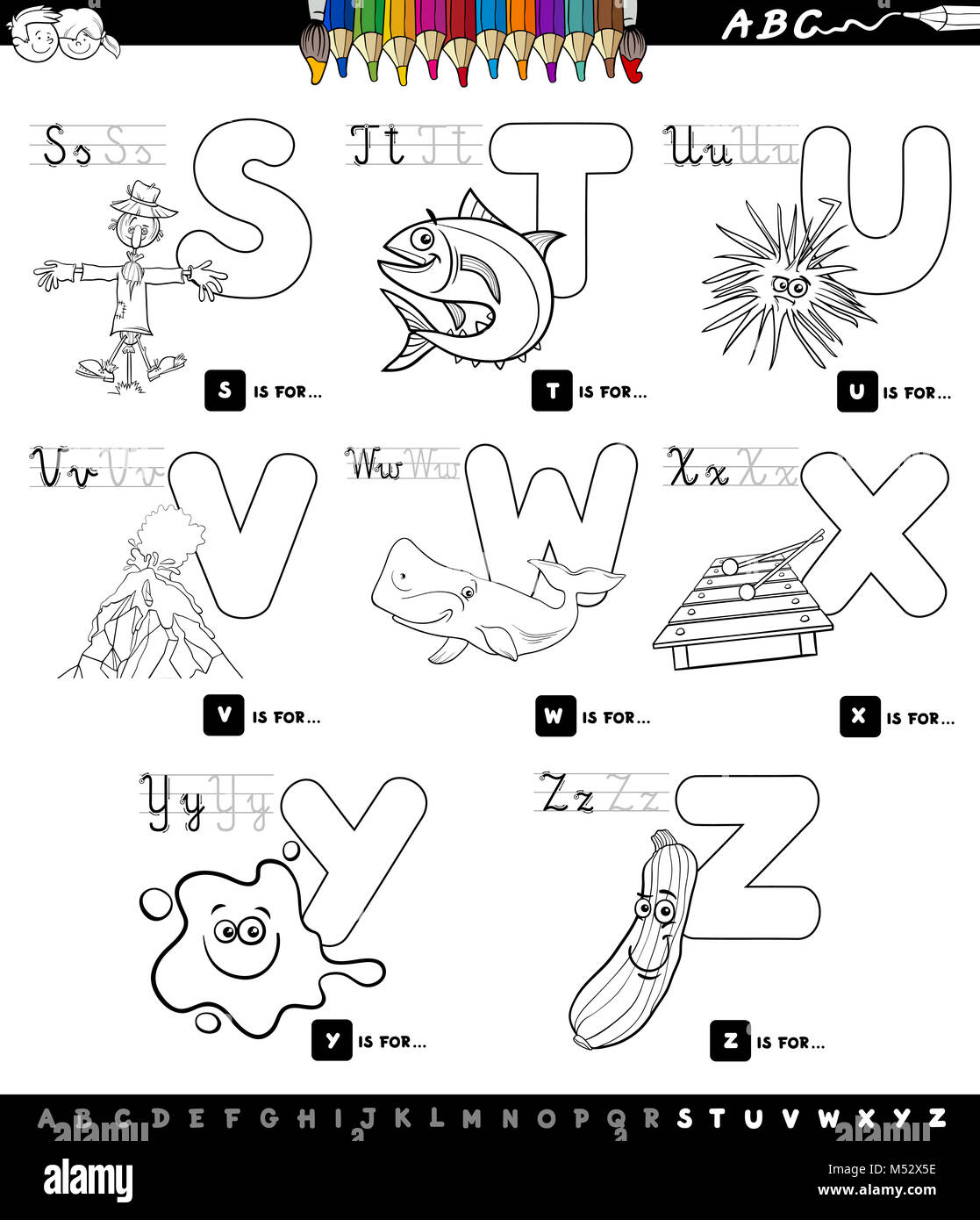 educational cartoon alphabet set coloring book Stock Photo