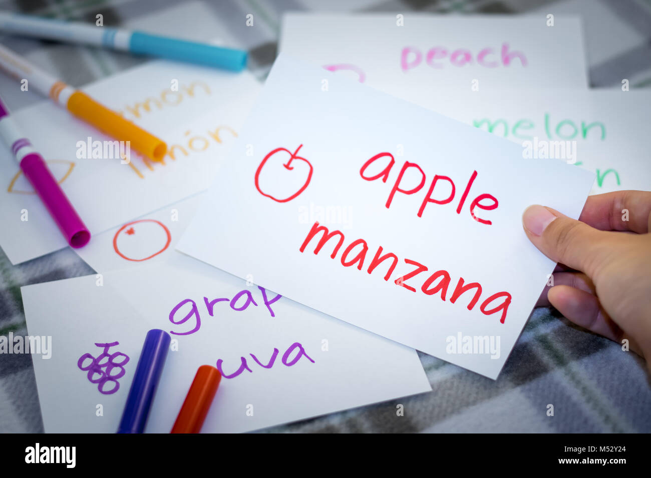 Spanish; Learning New Language with Fruits Name Flash Cards Stock Photo