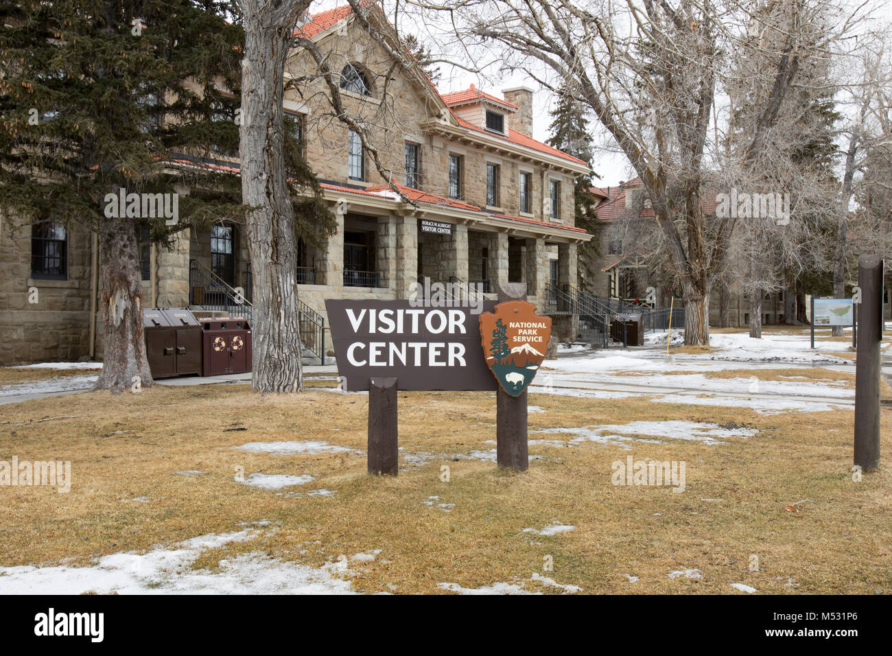 February 5, 2018 - Mammoth Hot Springs, Yellowstone National Park, Wyoming, USA :  Horace M Albright Visitors Center and national parks service signe  Stock Photo