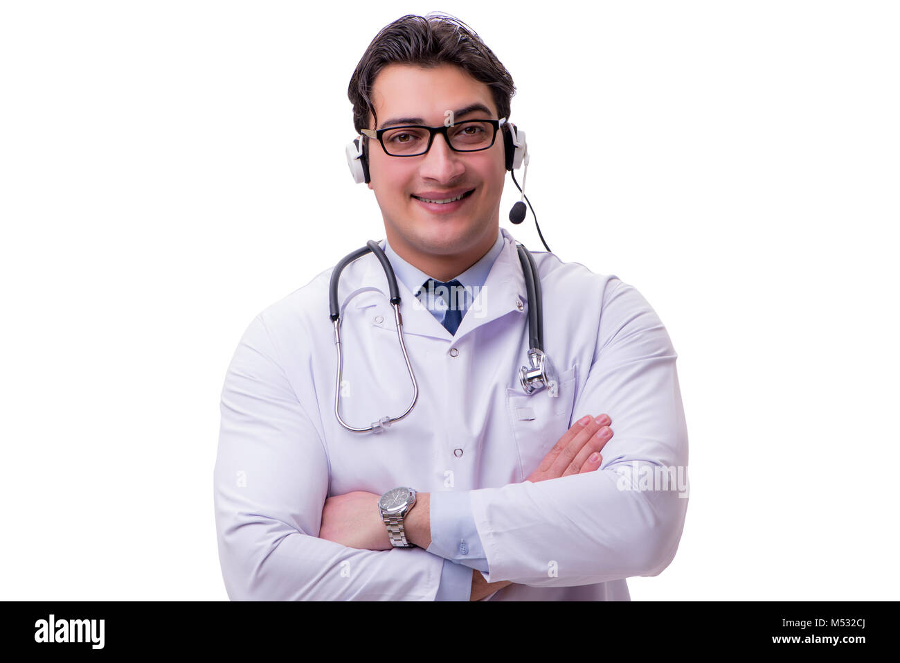 Young attractive nurde with stethoscope and headphones and microphone.  Isolated on white Stock Photo - Alamy