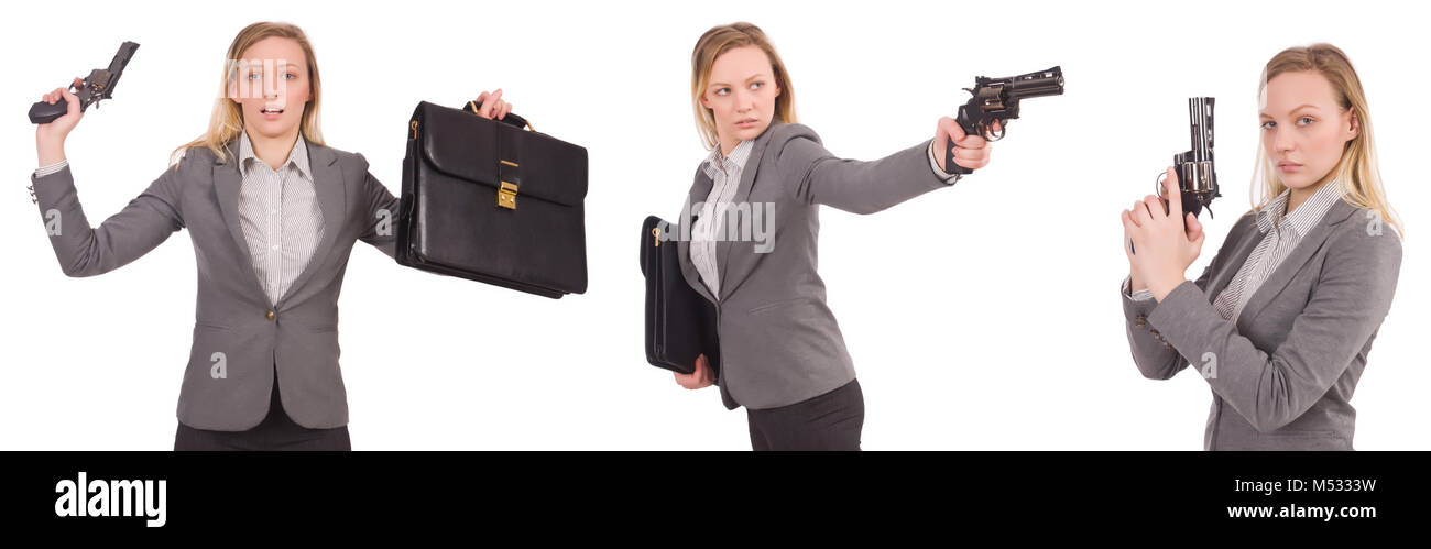 Businesswoman with gun isolated on white Stock Photo - Alamy