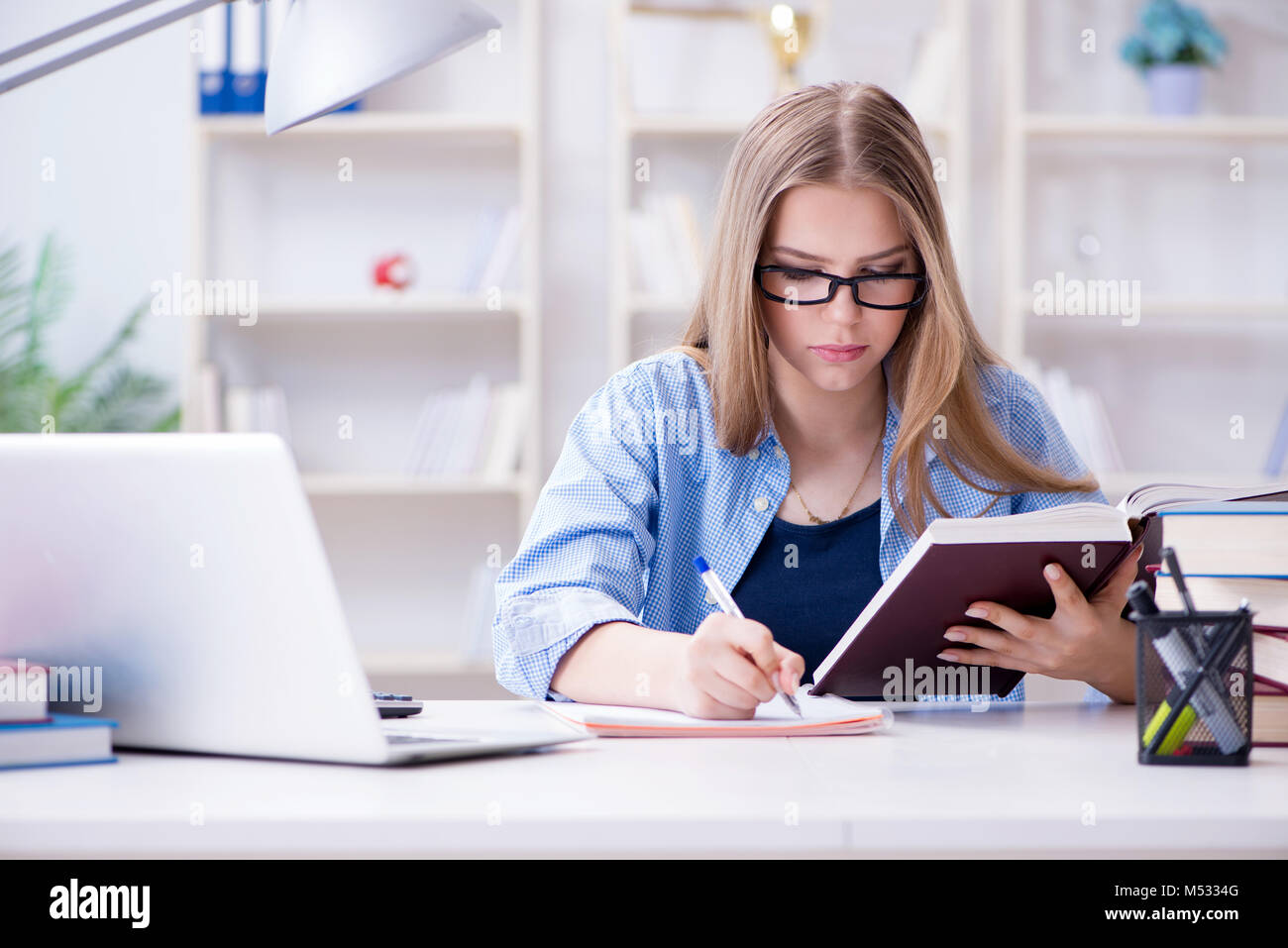 Young teenage female student preparing for exams at home Stock Photo ...
