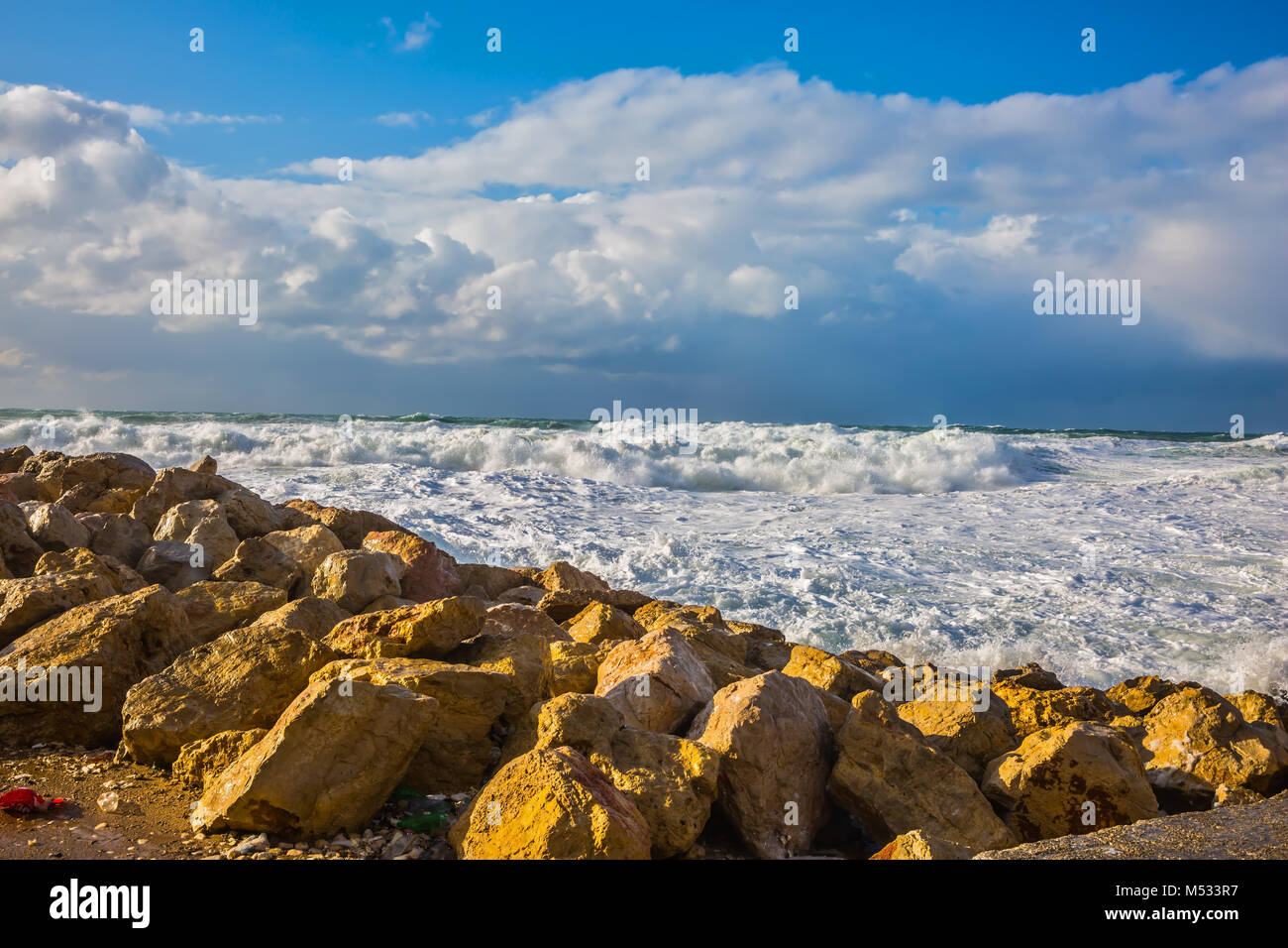 Huge foaming waves of the Mediterranean Stock Photo