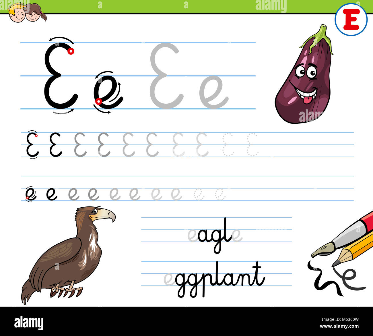 how to write letter E worksheet for kids Stock Photo - Alamy