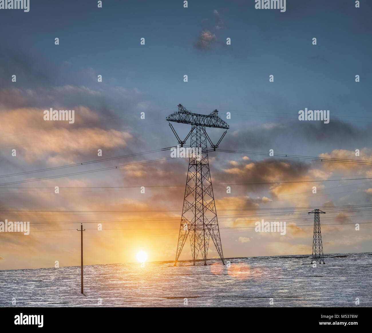 power transmission tower on plateau Stock Photo