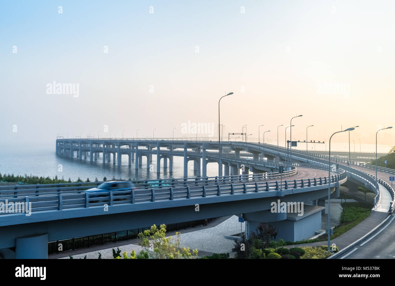 dalian bay bridge at dusk Stock Photo
