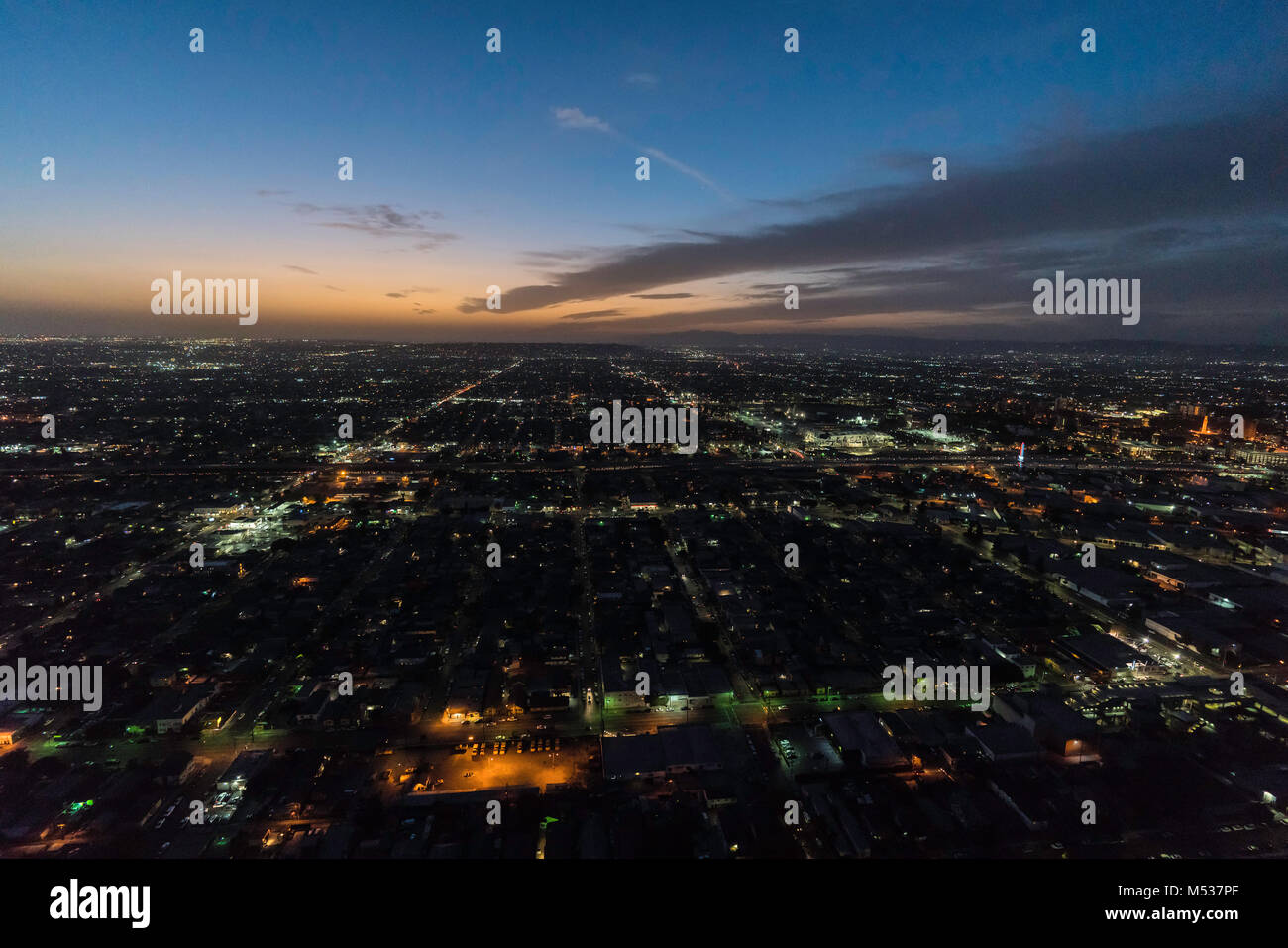 Night aerial view of buildings and streets in South Los Angeles California. Stock Photo