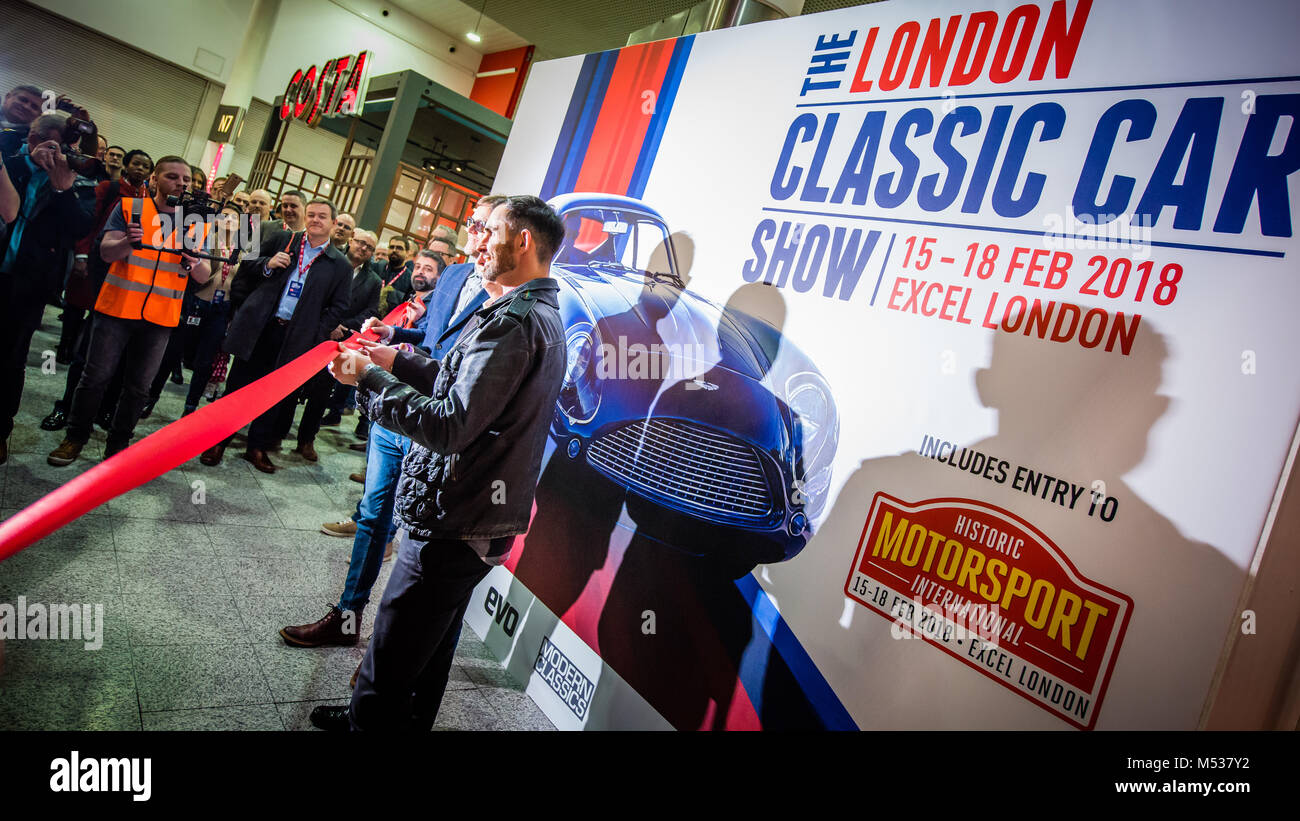 Alex Riley, Jonny Smith & Quentin Willson opening The London Classic Car Show & Historic Motorsport International Show 2018 at ExCel Stock Photo