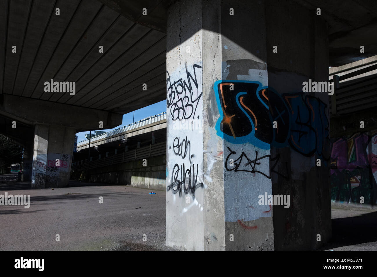 Graffiti below the A4/M4 Chiswick Flyover in west London, UK Stock Photo