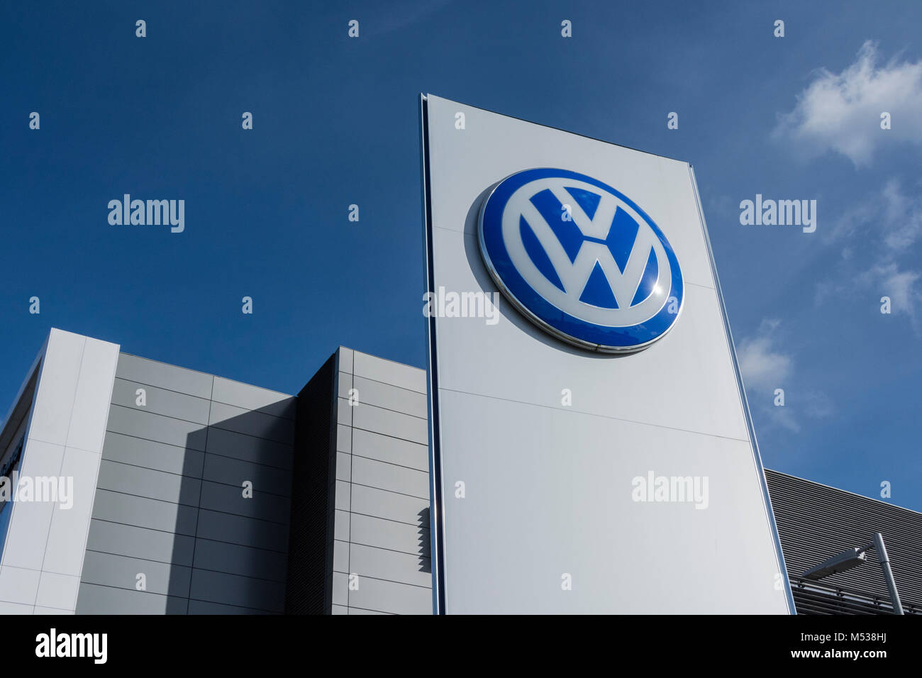 Volkswagen logo and signage outside west London HQ in Chiswick,West London, England, UK Stock Photo