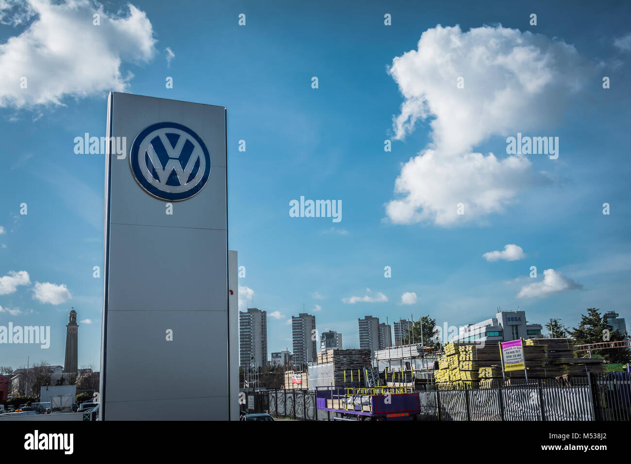 Volkswagen logo and signage  outside west London HQ in Chiswick West London, UK Stock Photo