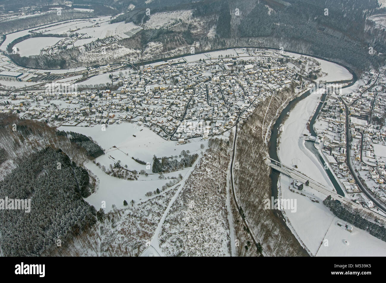 Aerial view, Freienohl, in snow and winter, Meschede, Sauerland, North