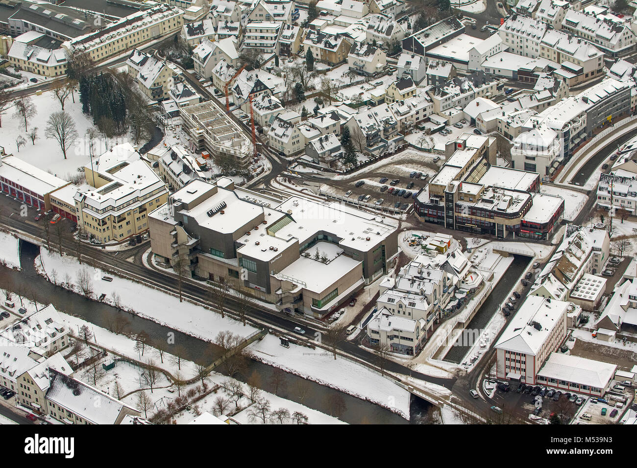 Aerial view, open hen and tiny square, center Meschede in winter with snow, Meschede, Sauerland, North Rhine-Westphalia, Germany, Europe, Meschede, Sa Stock Photo