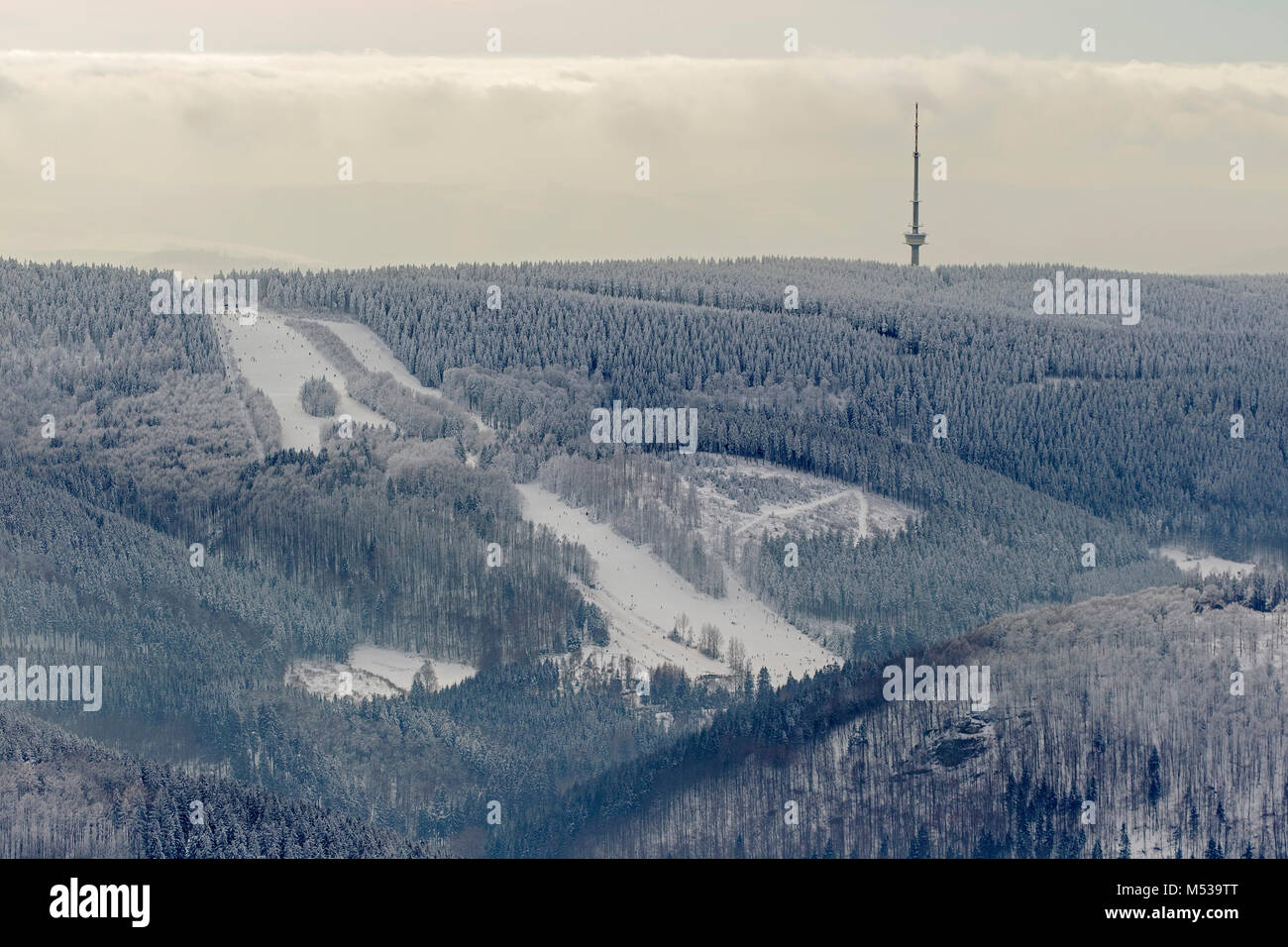 Aerial view, ski slopes of Bödefeld with television tower, snow and winter, winter landscape, Schmallenberg, Sauerland, North Rhine-Westphalia, German Stock Photo