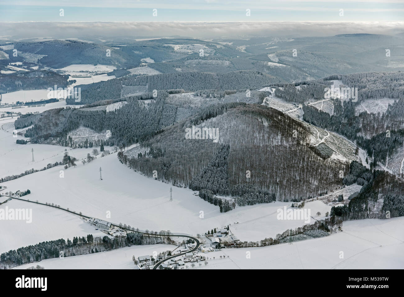 Aerial view, Bödefeld snowscape, Hochsauerland in the snow, Schmallenberg, Sauerland, North Rhine-Westphalia, Germany, Europe, Schmallenberg, Sauerlan Stock Photo