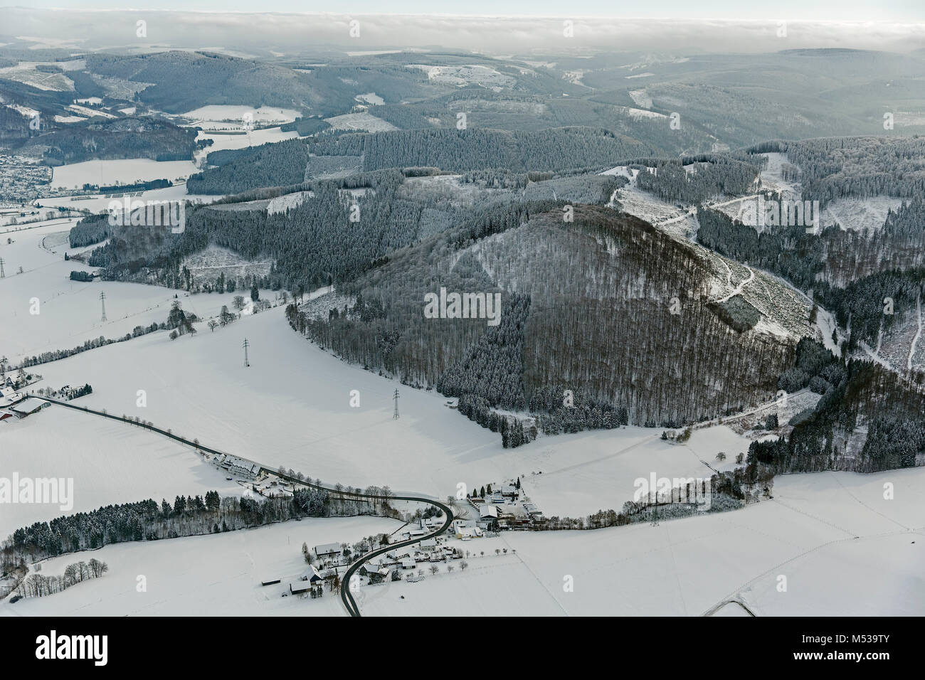 Aerial view, Bödefeld snowscape, Hochsauerland in the snow, Schmallenberg, Sauerland, North Rhine-Westphalia, Germany, Europe, Schmallenberg, Sauerlan Stock Photo