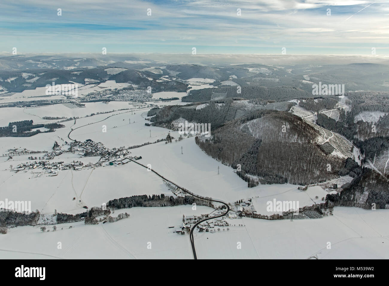 Aerial view, Bödefeld snowscape, Hochsauerland in the snow, Schmallenberg, Sauerland, North Rhine-Westphalia, Germany, Europe, Schmallenberg, Sauerlan Stock Photo