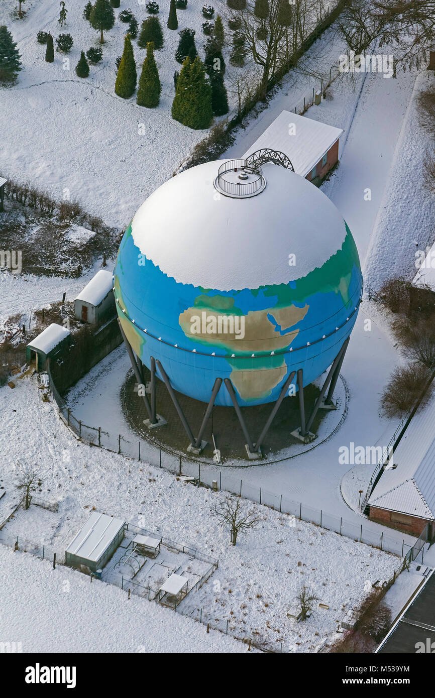 Aerial view, painted gasometer Wengen World Globe, Wetter Ruhr, Herdecke, Ruhr area, North Rhine-Westphalia, Germany, Europe, Herdecke, Ruhr area, Nor Stock Photo