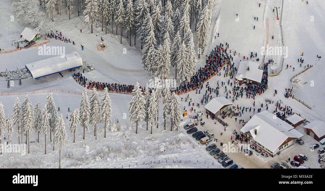 Aerial view, ski lift, snow, snakes in front of the ski lift, winter in winter mountain, winter mountain, Sauerland, Hochsauerlandkreis, HSK, North Rh Stock Photo