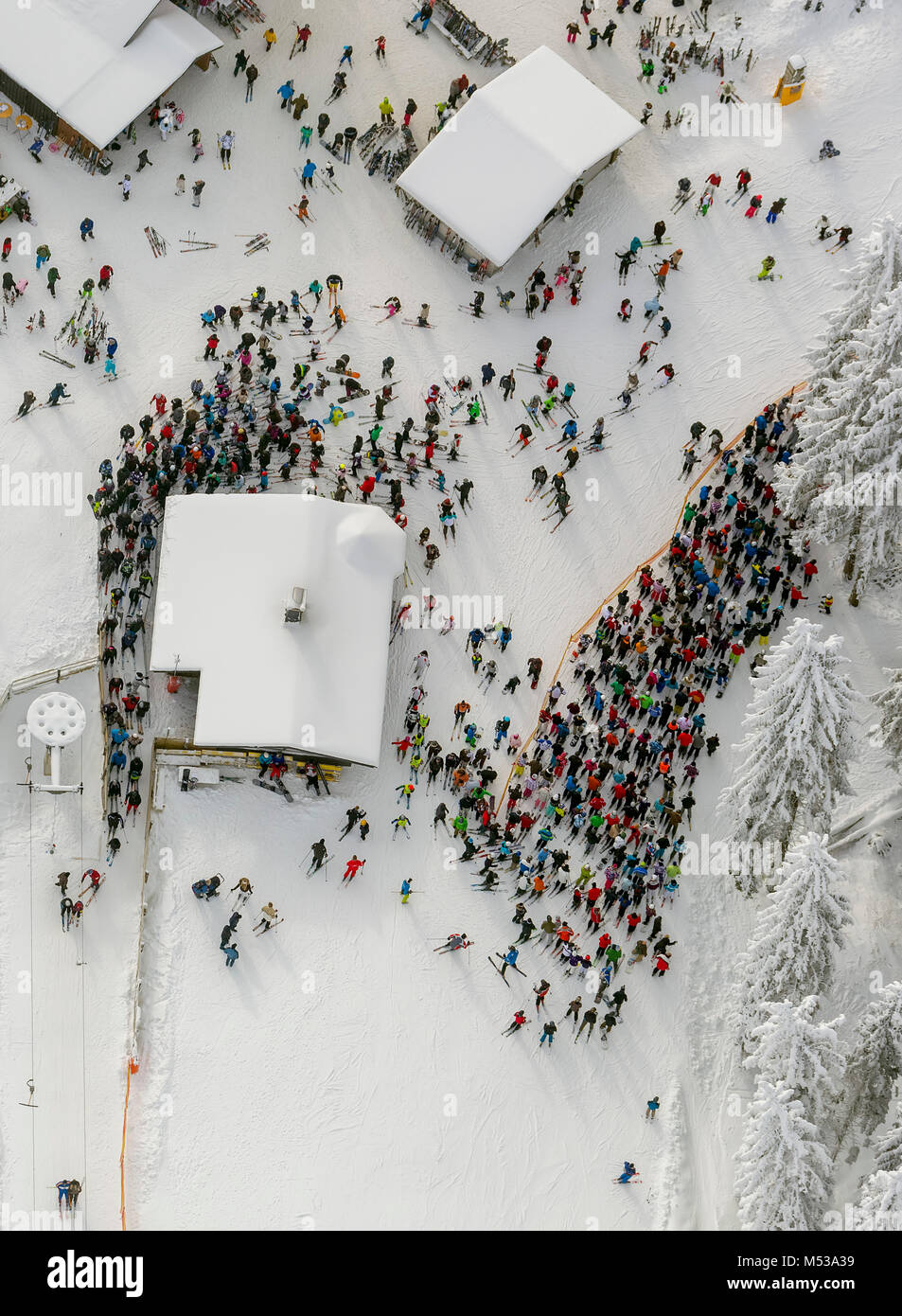 Aerial view, ski lift, snow, wating line in front of the ski lift, winter in winter mountain, winter mountain, Sauerland, Hochsauerlandkreis, HSK, Nor Stock Photo