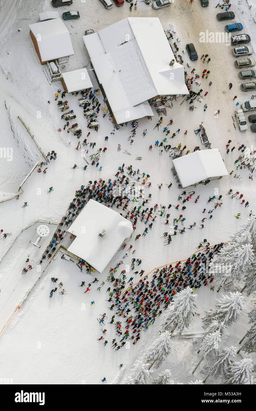 Aerial view, ski lift, snow, wating line in front of the ski lift, winter in winter mountain, winter mountain, Sauerland, Hochsauerlandkreis, HSK, Nor Stock Photo