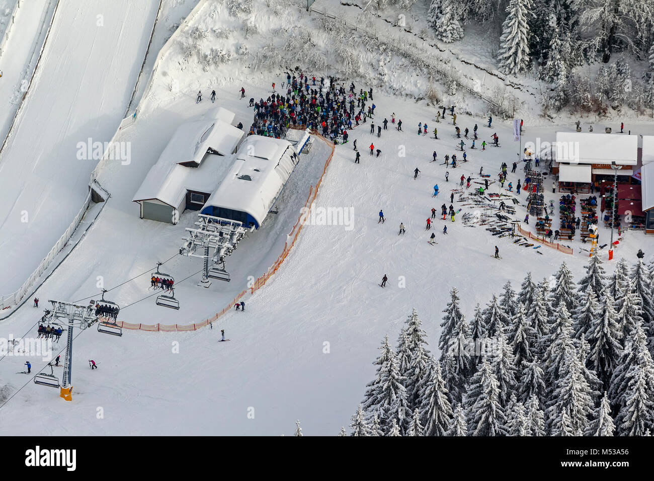 Aerial view, ski lift, snakes in front of the ski lift, winter in winter mountain, snow, winter mountain, Sauerland, Hochsauerlandkreis, HSK, North Rh Stock Photo