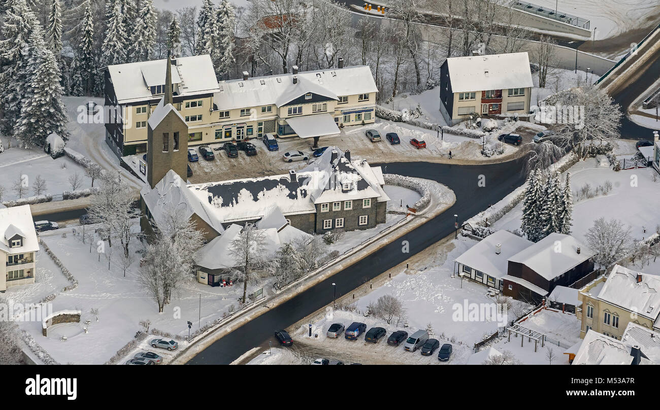 Aerial, Church Am Alten garden, winter in Winterberg, snow, winter, Sauerland, Hochsauerlandkreis, HSK, North Rhine-Westphalia, Germany, Europe, Winte Stock Photo