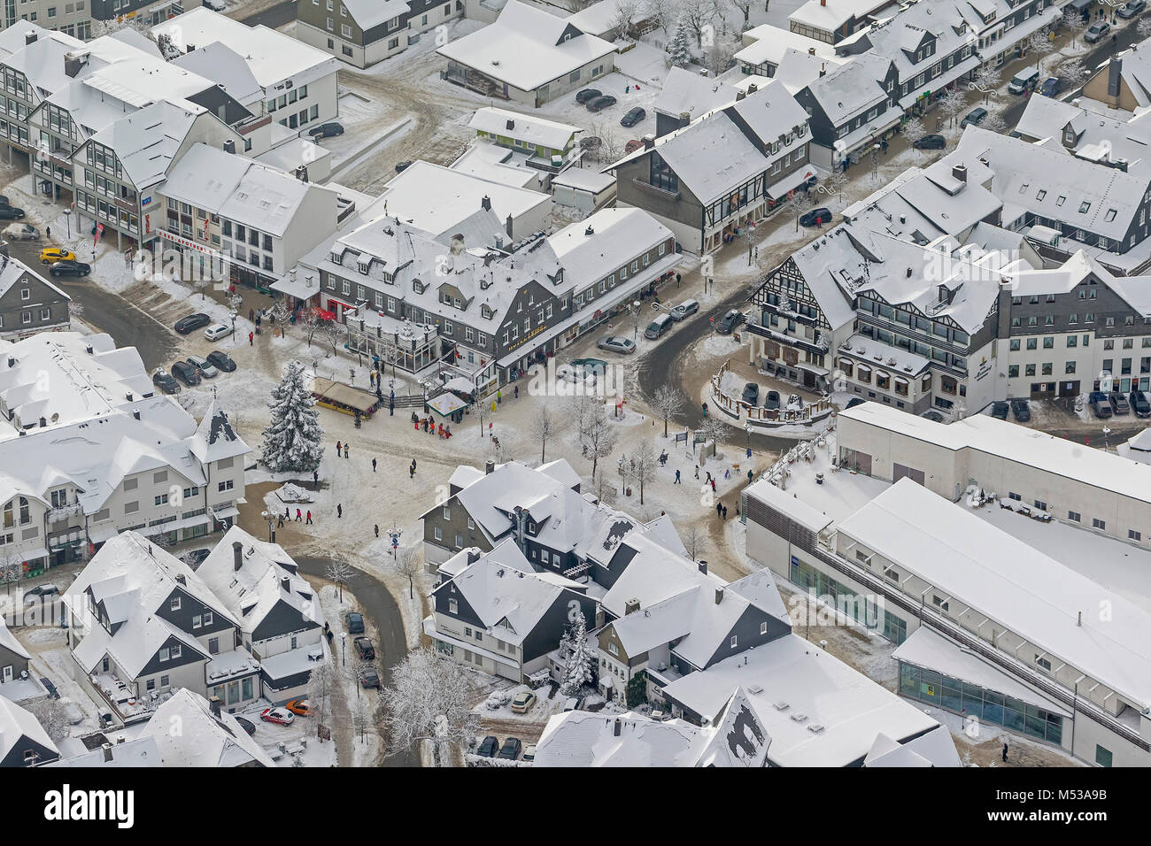 Aerial view, Poststrasse, Hotel Leisse, Winter in Winterberg, Downtown, Center, Snow, Winterberg, Sauerland, Hochsauerlandkreis, HSK, North Rhine-West Stock Photo