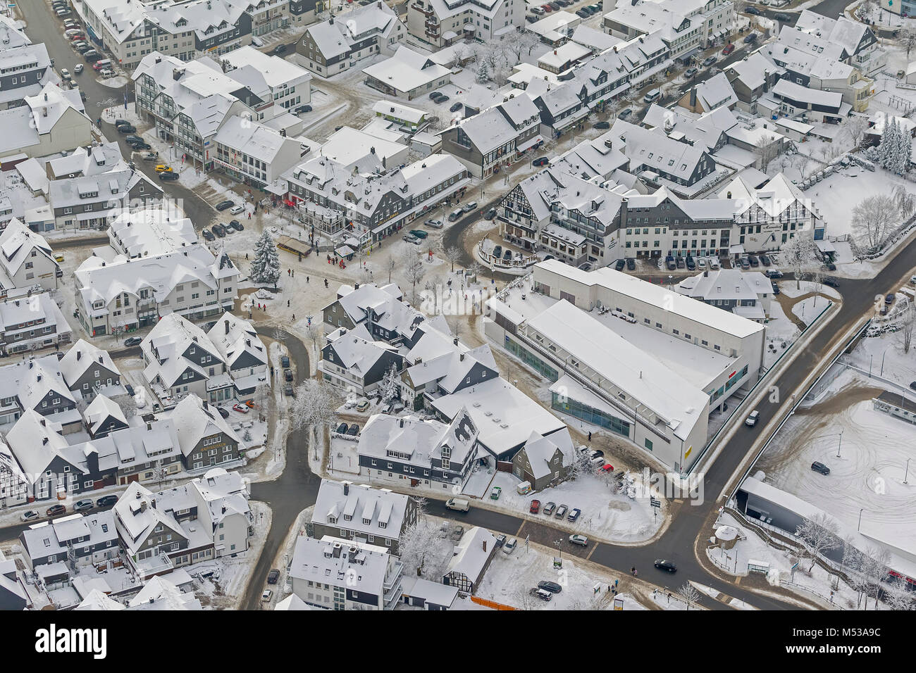 Aerial view, Poststrasse, Hotel Leisse, Winter in Winterberg, Downtown, Center, Snow, Winterberg, Sauerland, Hochsauerlandkreis, HSK, North Rhine-West Stock Photo
