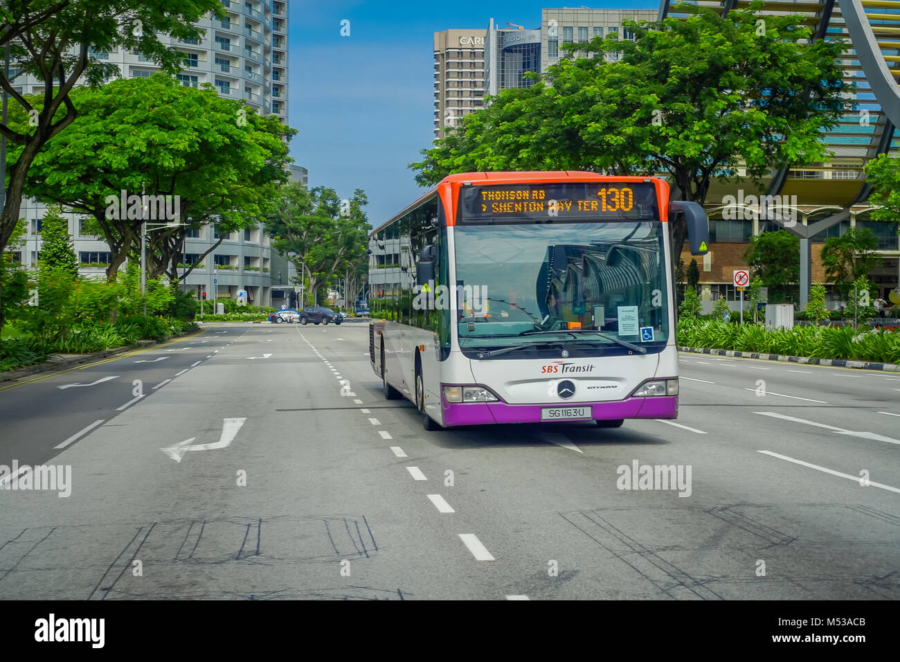 SINGAPORE, SINGAPORE - FEBRUARY 01, 2018: Outdoor view of bus public transport. SBS Transit Limited is a of the largest public transport operator in Singapore Stock Photo