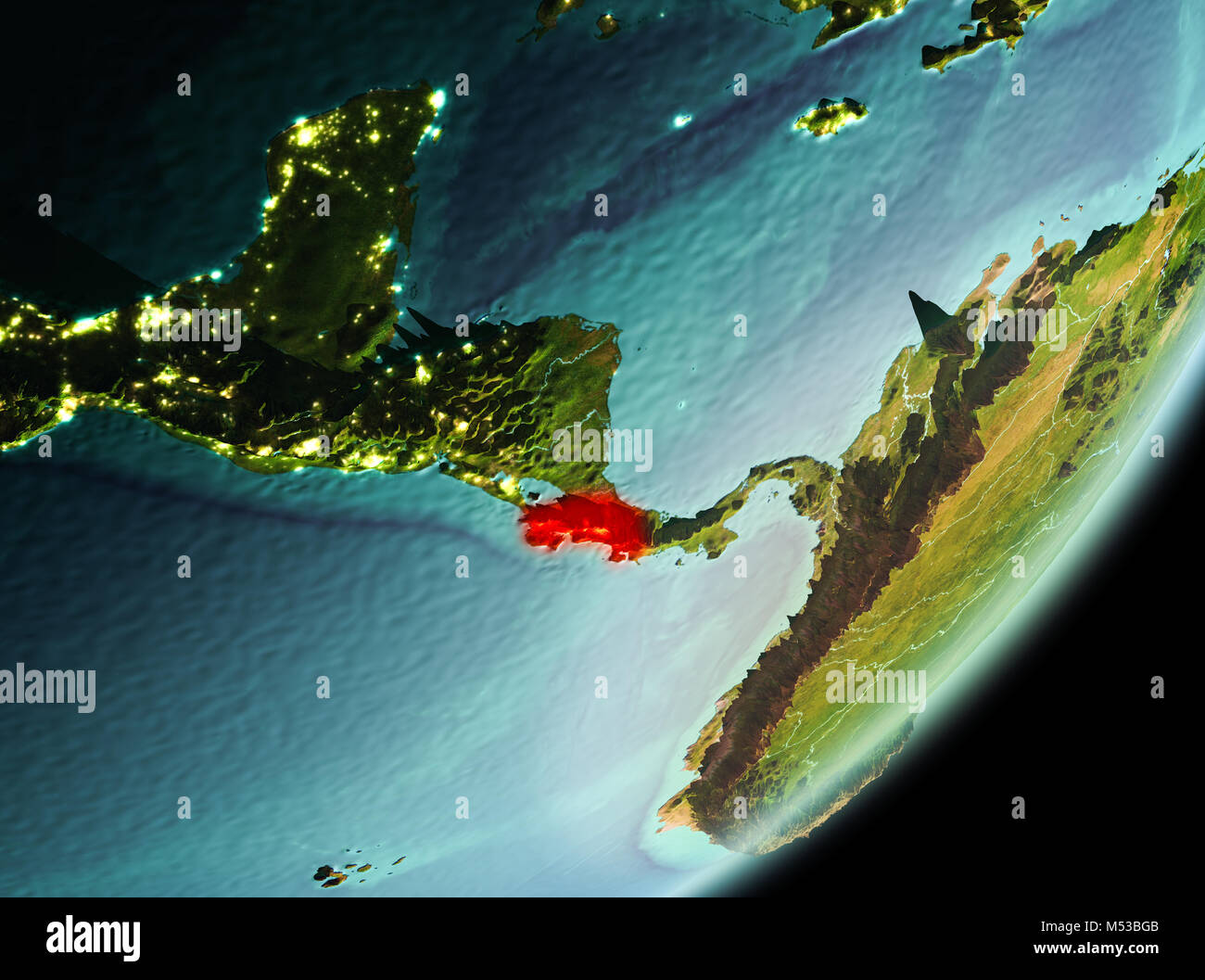 Costa Rica in the morning highlighted in red on planet Earth. 3D ...