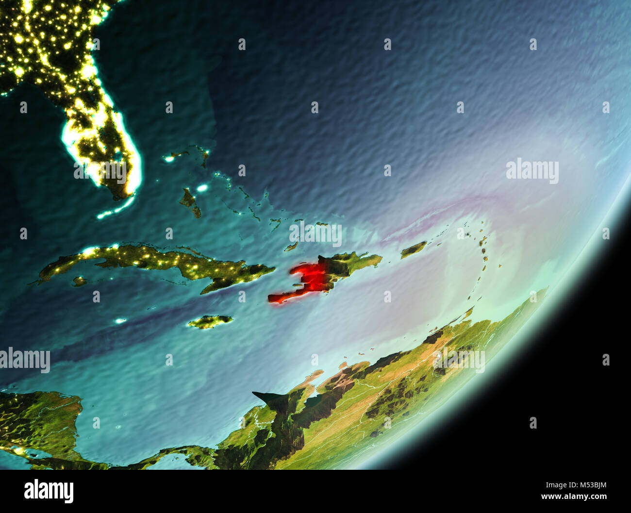 Haiti in the morning highlighted in red on planet Earth. 3D ...