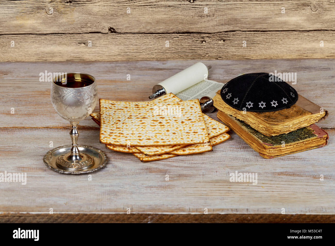 with wine and matzoh jewish passover bread Stock Photo