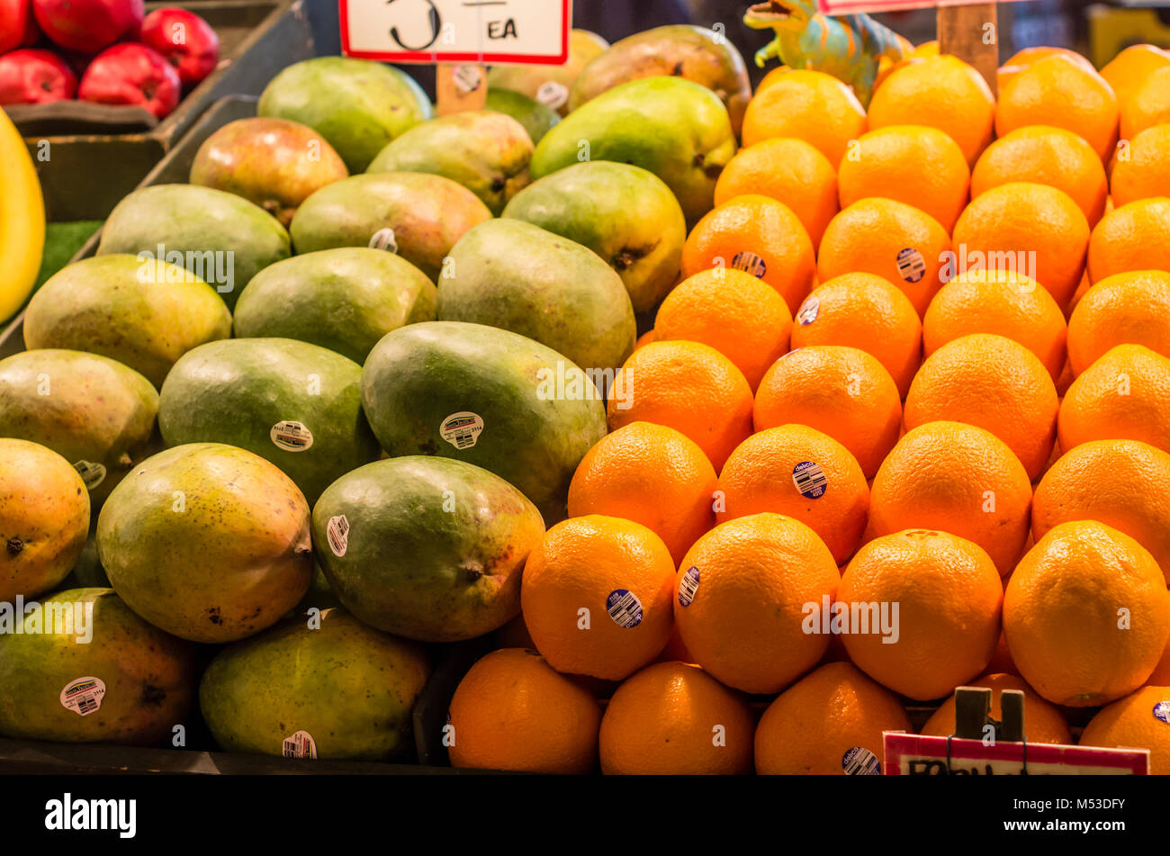 Produce display at Pike Place Market.  Seattle, Washington Stock Photo