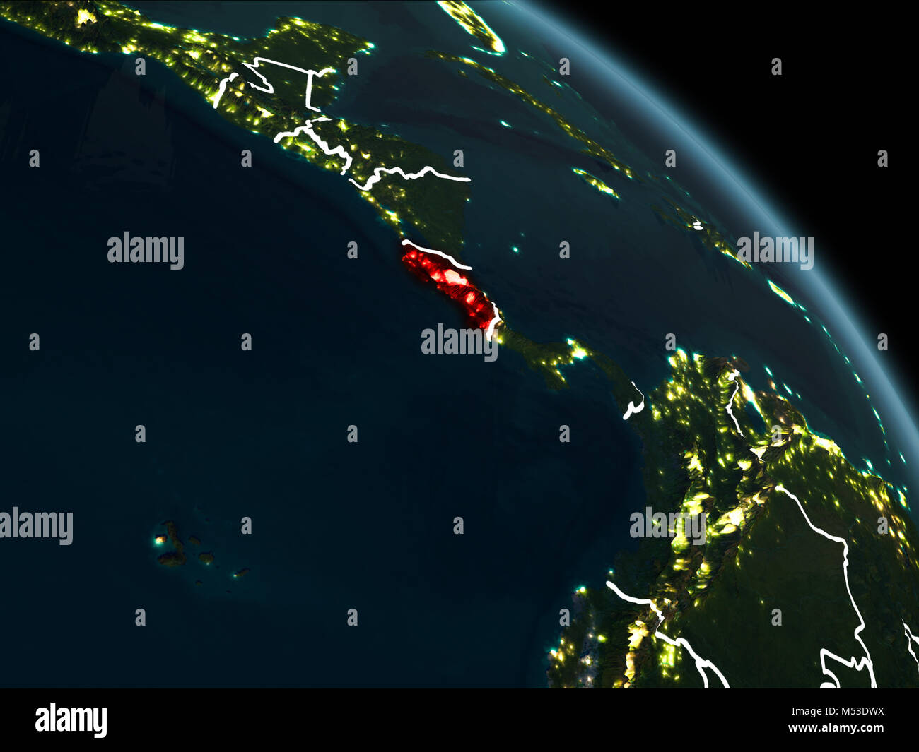 Costa Rica from orbit of planet Earth at night with visible borderlines ...