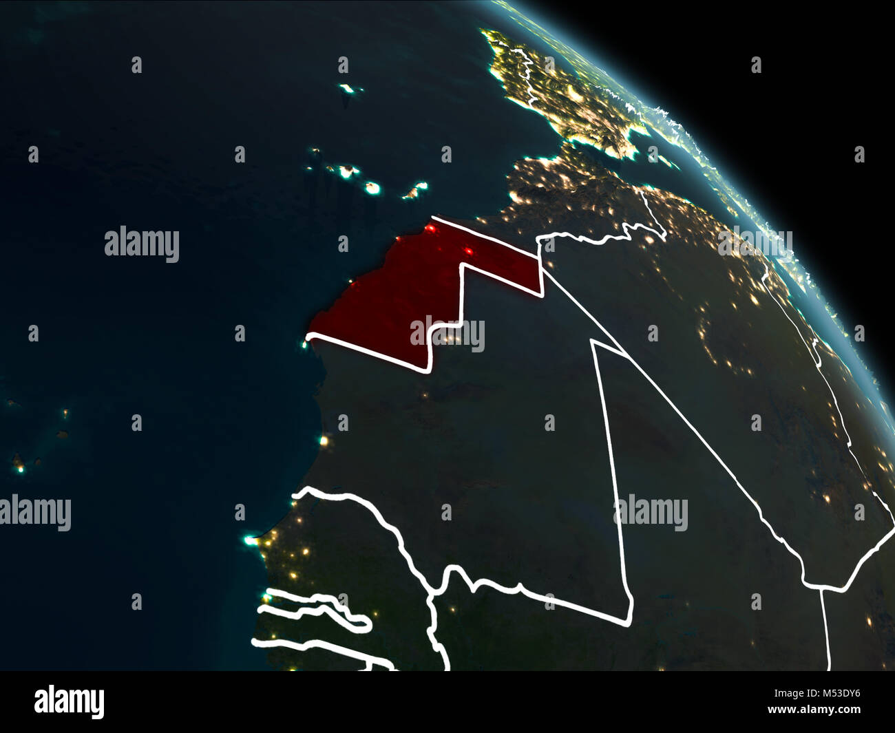 Western Sahara from orbit of planet Earth at night with visible ...